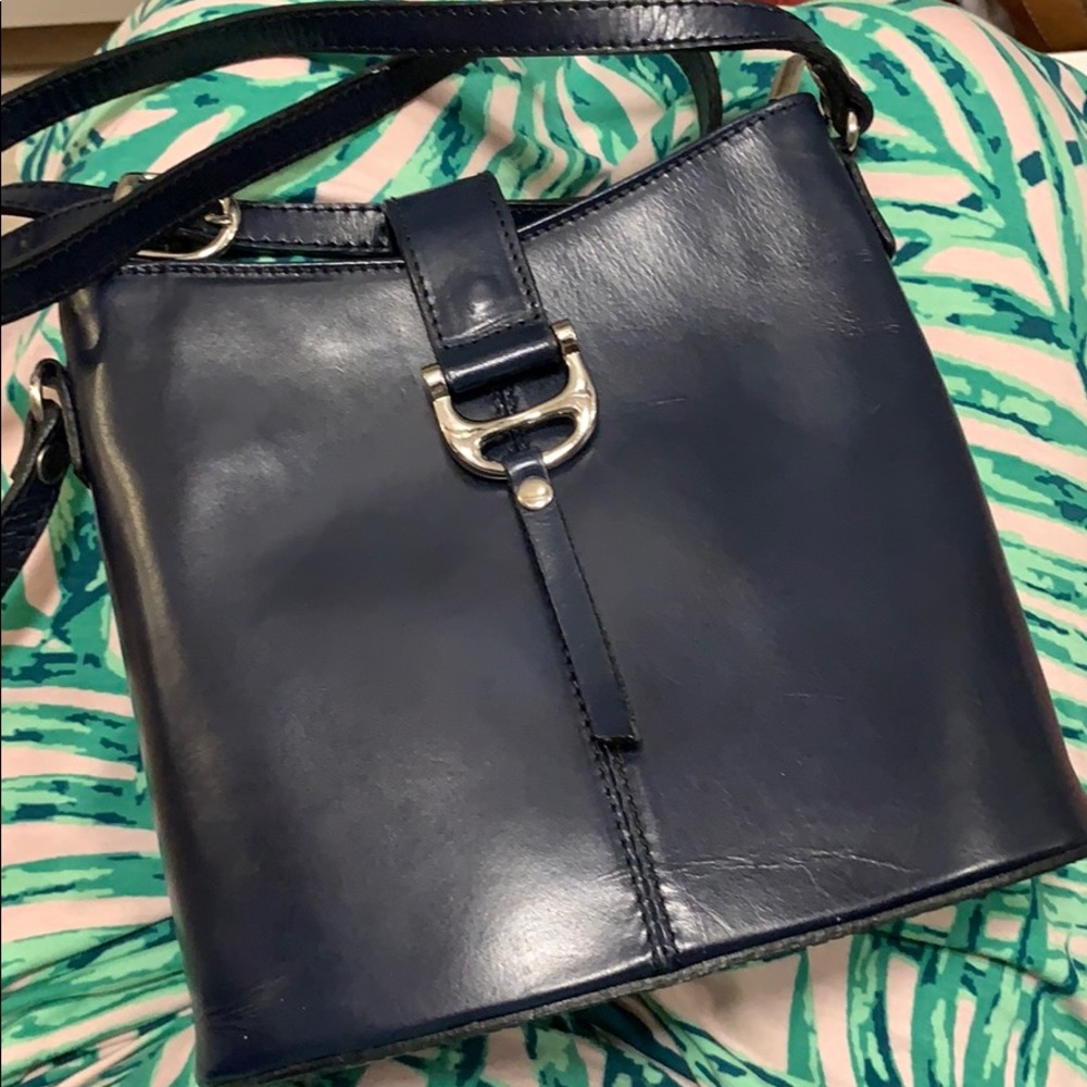 Norse in Pelle Genuine ITALIAN Leather navy blue crossbody bucket bag